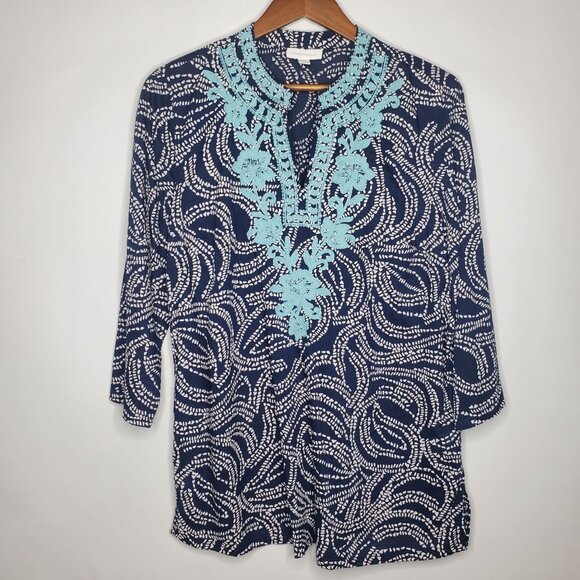 Charter Club Womens Blue Embroidered Blouse Size M 3/4 Sleeve V Neck Preppy - Picture 1 of 8
